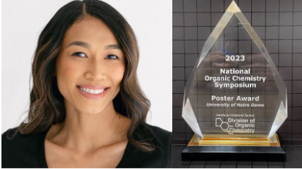 A woman with long dark hair smiles at the camera next to a photo of a glass award for the 2023 National Organic Chemistry Symposium Poster Award.